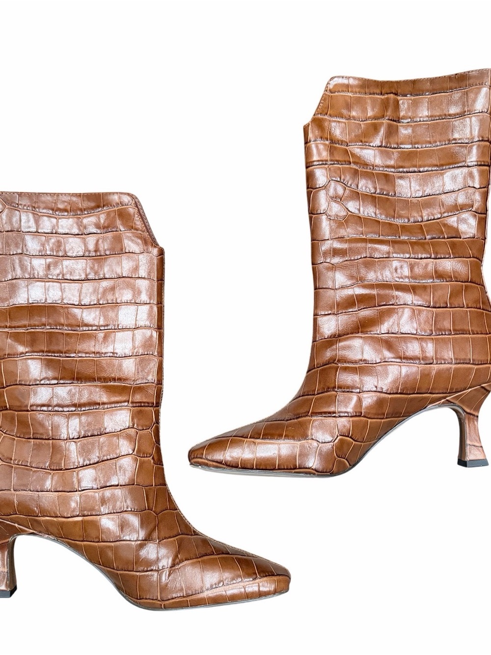 Sam Edelman Croc-Embossed Mid-Calf Kitten Heel Boots in Brown - Picture 7 of 9